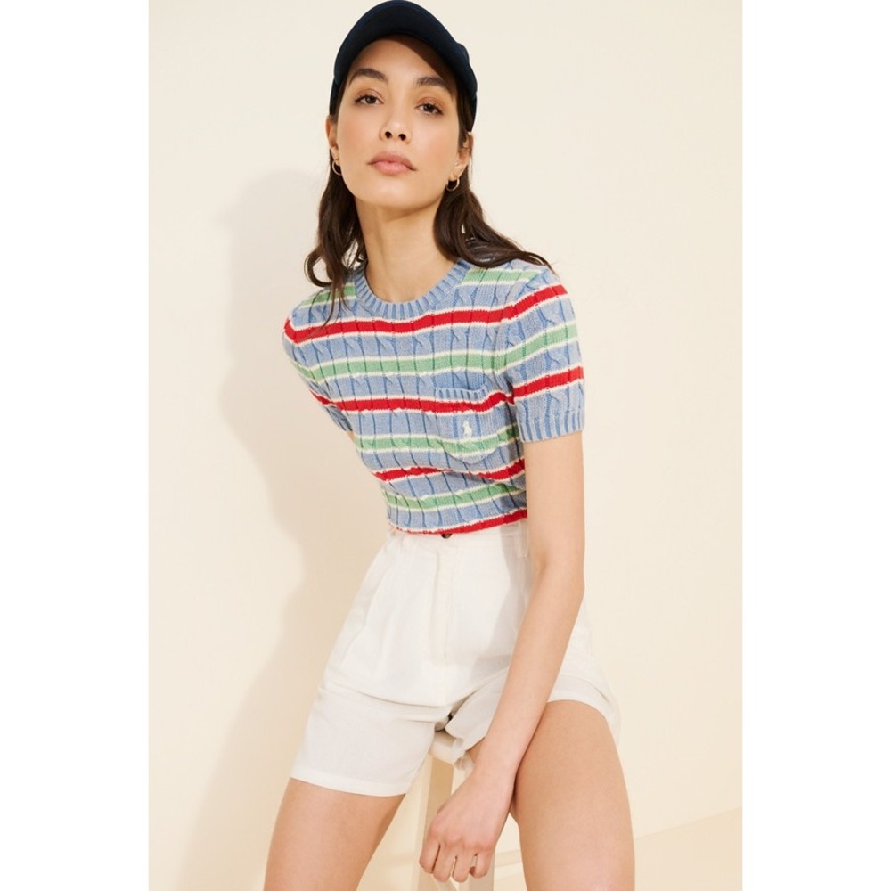 Polo Ralph Lauren Womens Cable Knit Striped Short Sleeve Cotton Sweater Blue L